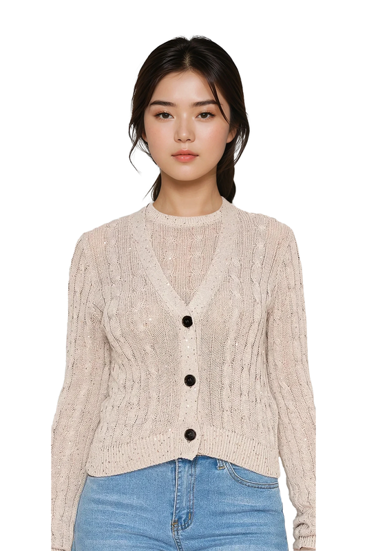 Women's beige cable knit cardigan - Korean Fashion