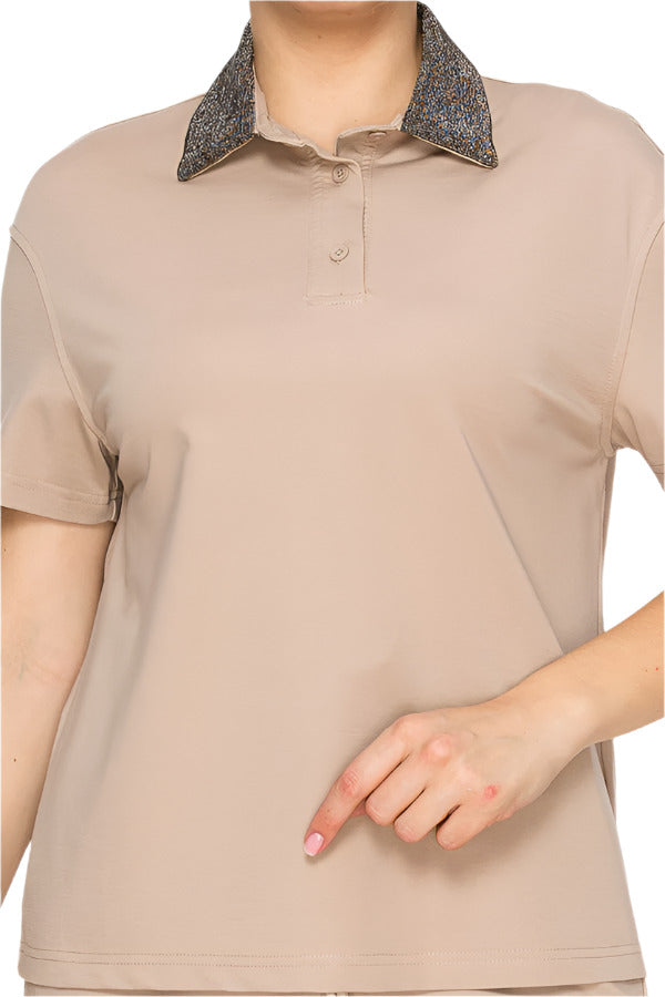 Women's beige short-sleeve polo shirt - Korean Fashion