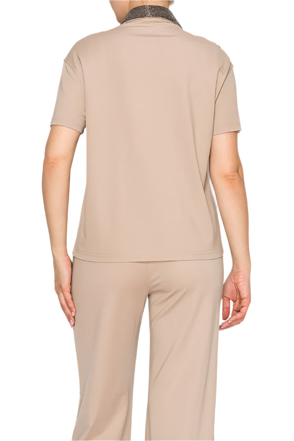 Women's beige short-sleeve polo shirt - Korean Fashion