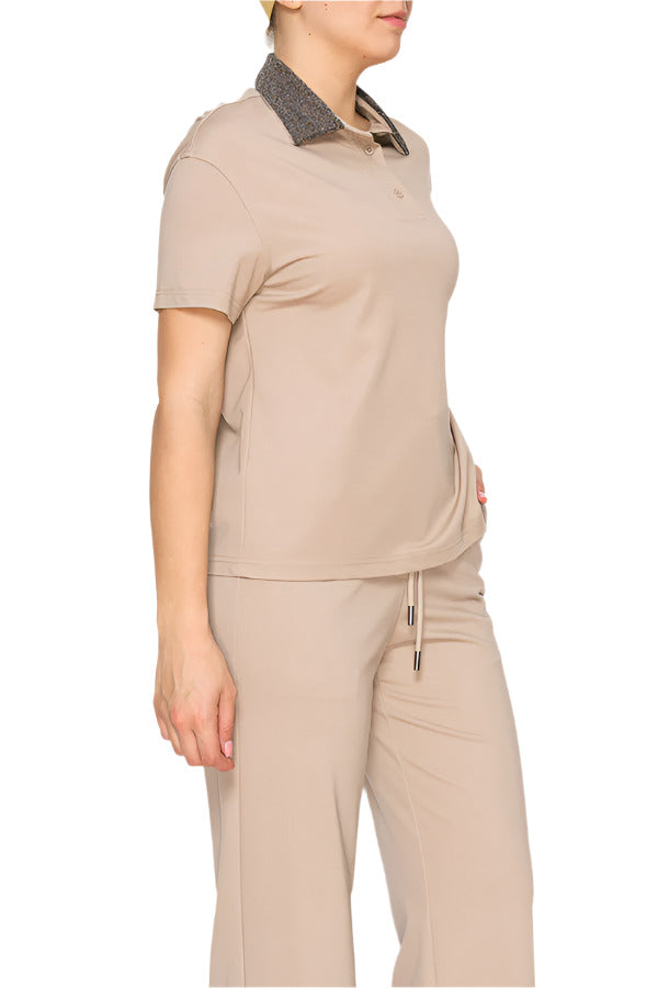 Women's beige short-sleeve polo shirt - Korean Fashion