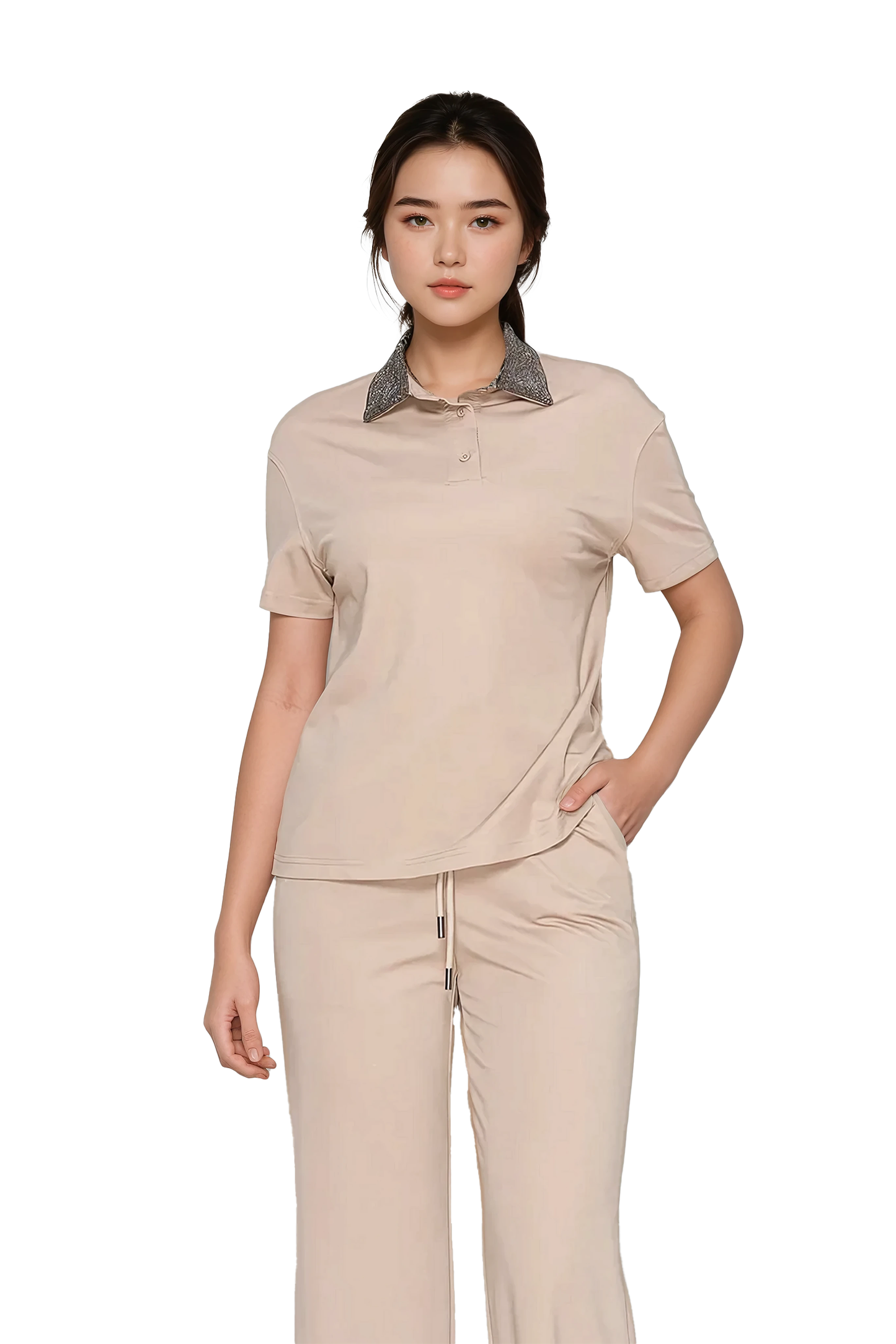 Women's beige short-sleeve polo shirt - Korean Fashion