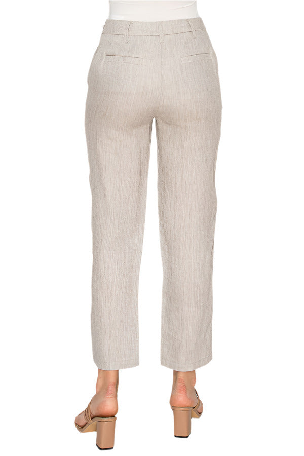 Women's beige linen pants with straight-leg fit - Korean Fashion