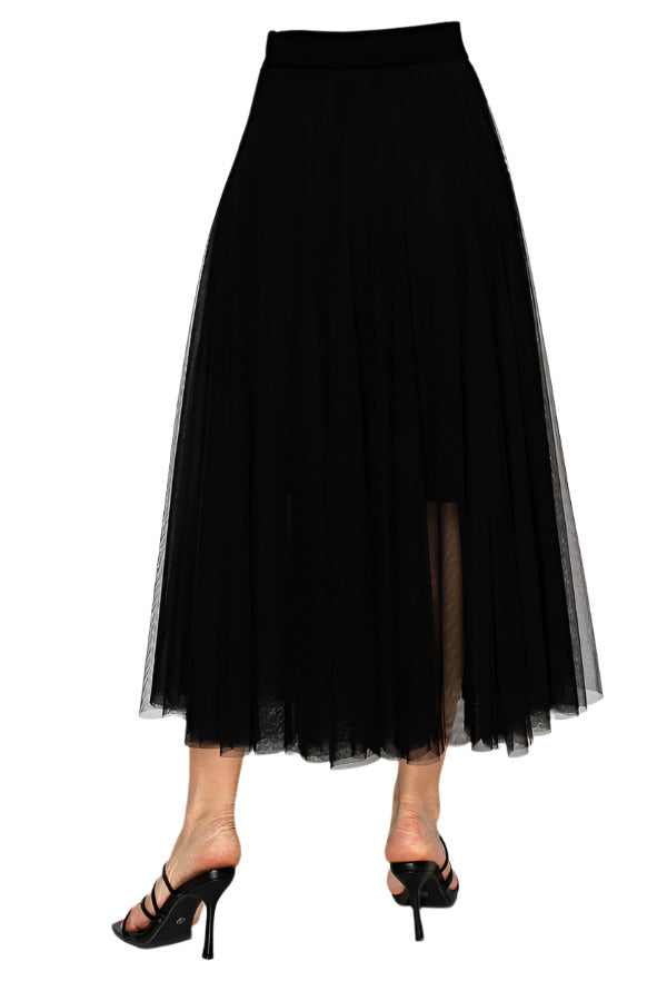 Women's Black mesh tulle midi skirt - Korean Fashion