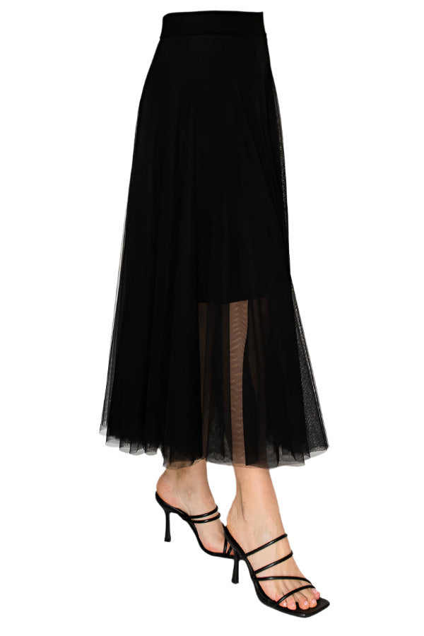 Women's Black mesh tulle midi skirt - Korean Fashion