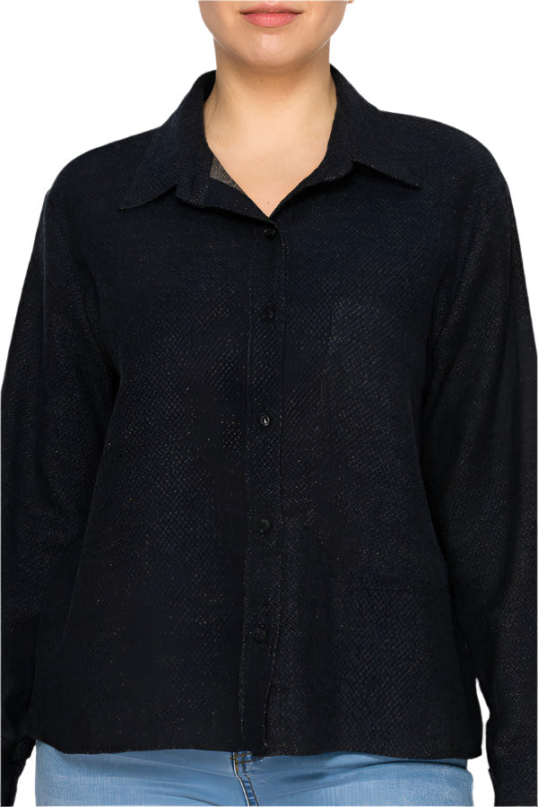 Women's Black textured button-up shirt - Korean Fashion
