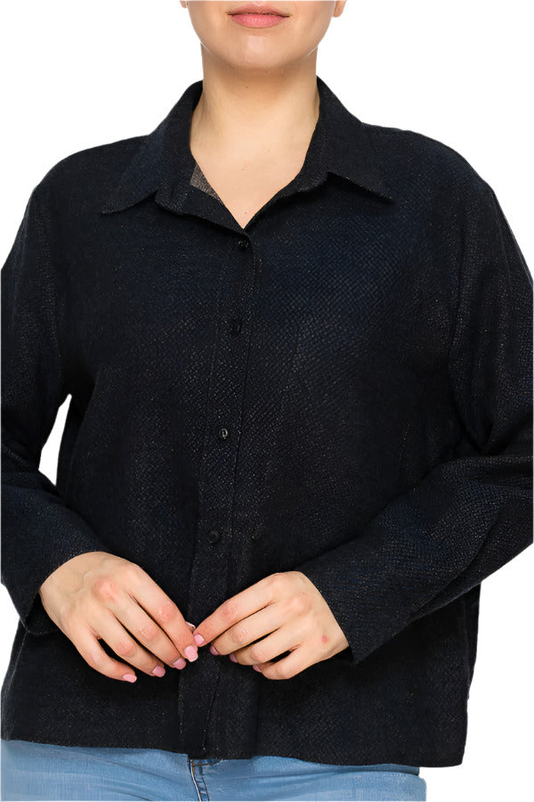Women's Black textured button-up shirt - Korean Fashion