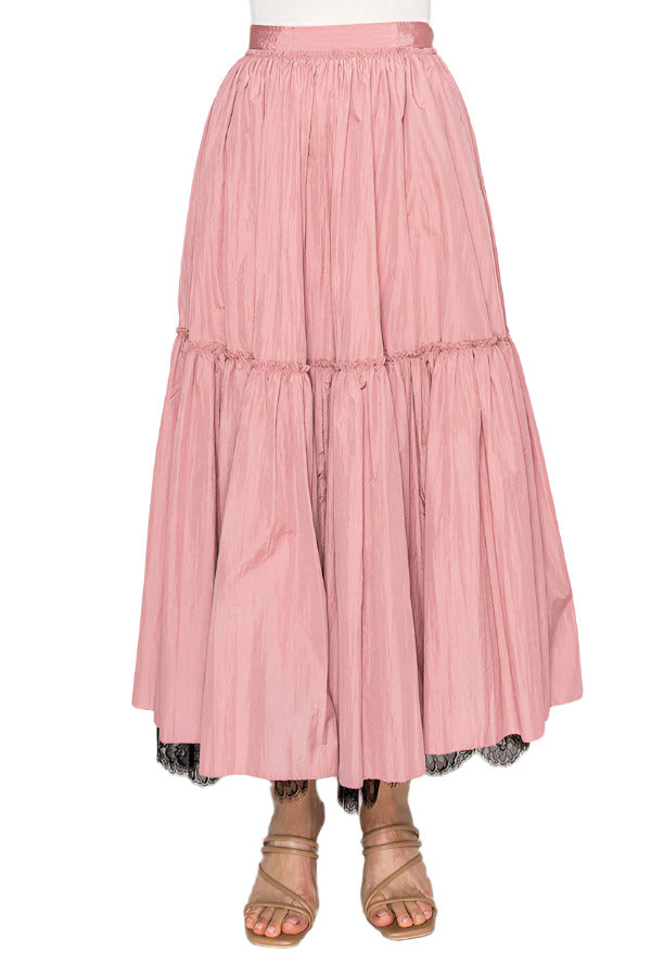 Women's blush pink tiered maxi skirt featuring delicate lace trim - Korean Fashion