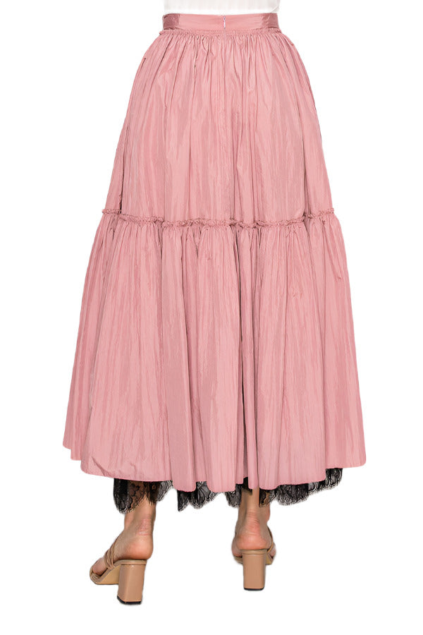 Women's blush pink tiered maxi skirt featuring delicate lace trim - Korean Fashion