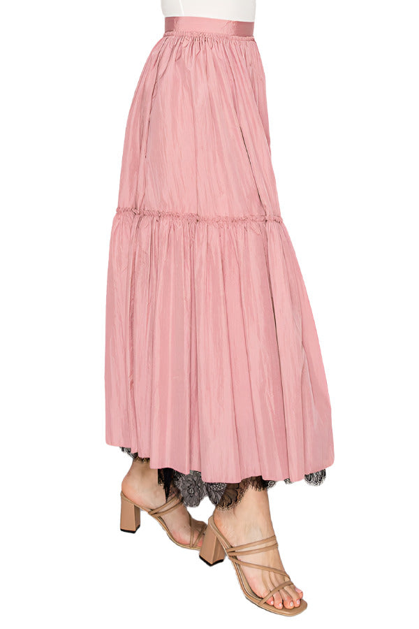 Women's blush pink tiered maxi skirt featuring delicate lace trim - Korean Fashion