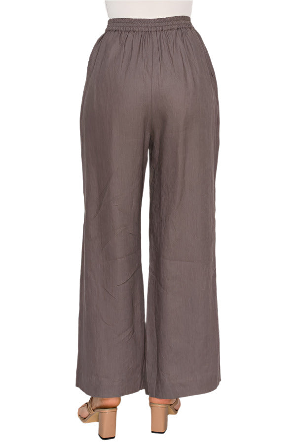 Women's brown linen pants with wide-leg fit - Korean Fashion