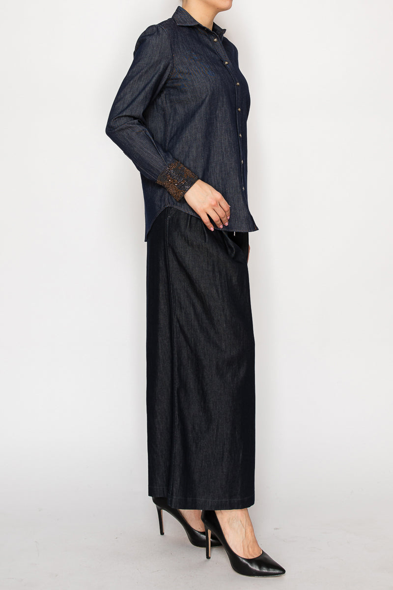 Women’s dark wash denim shirt - Korean Fashion