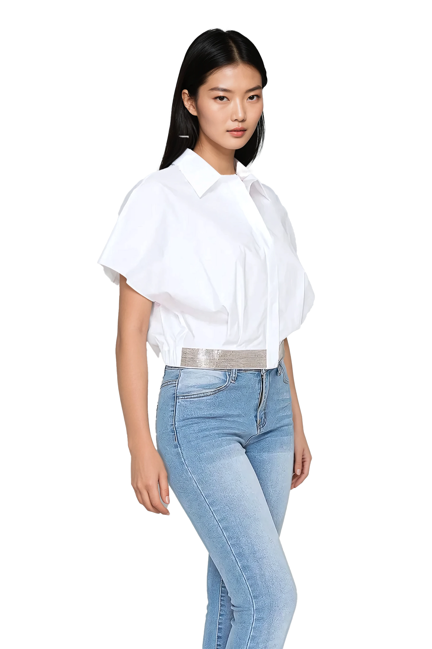 Women's White Cropped Shirt with Metallic Waistband - Korean Fashion