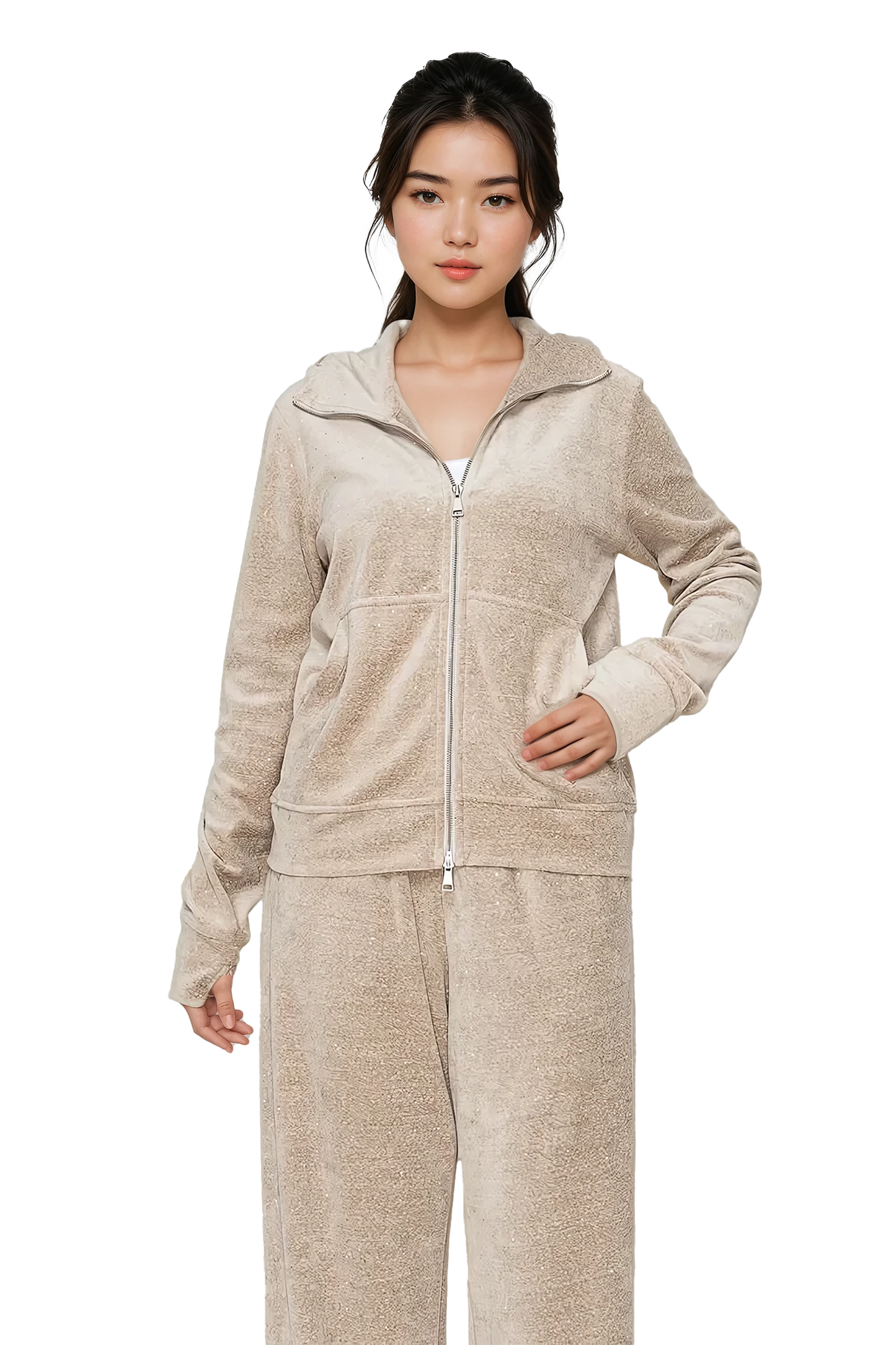 Women's soft velour zip-up hoodie with pockets - Korean Fashion