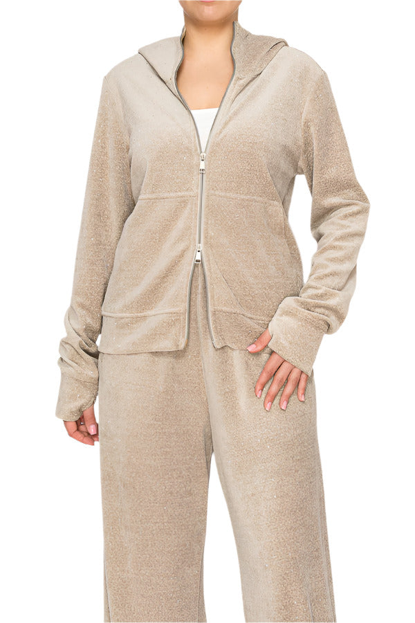 Women's soft velour zip-up hoodie with pockets - Korean Fashion