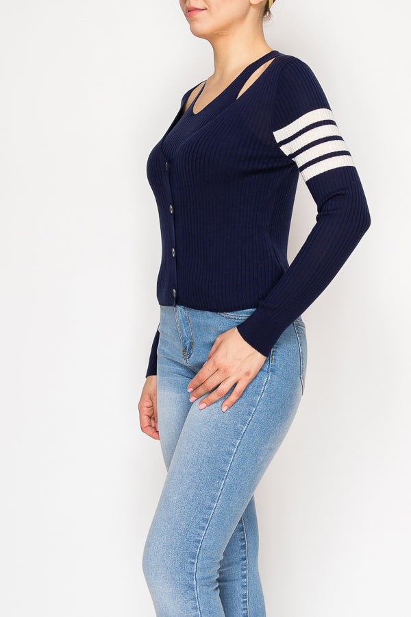 Ribbed knit cardigan with cut-out shoulder details - Korean Fashion