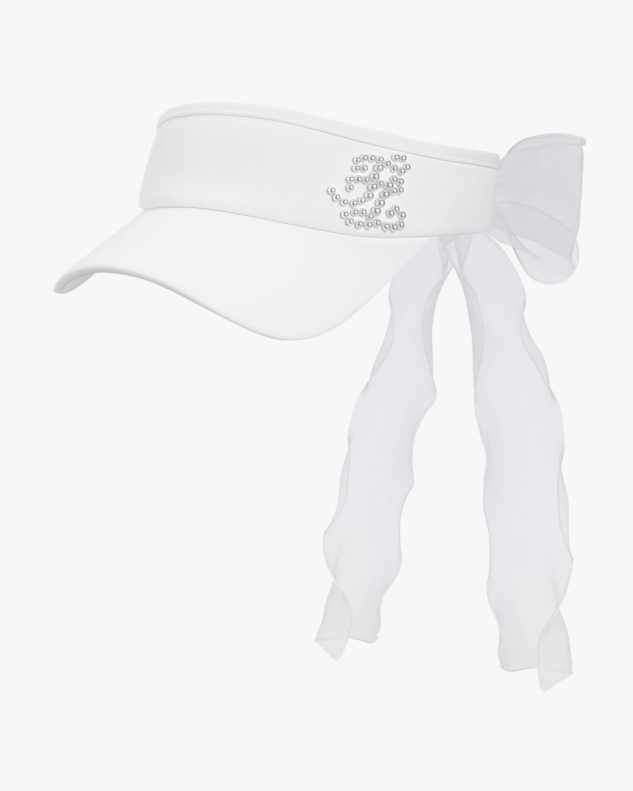 Women's sun visor by Fairliar featuring pearl-embellished logo and ribbon accent