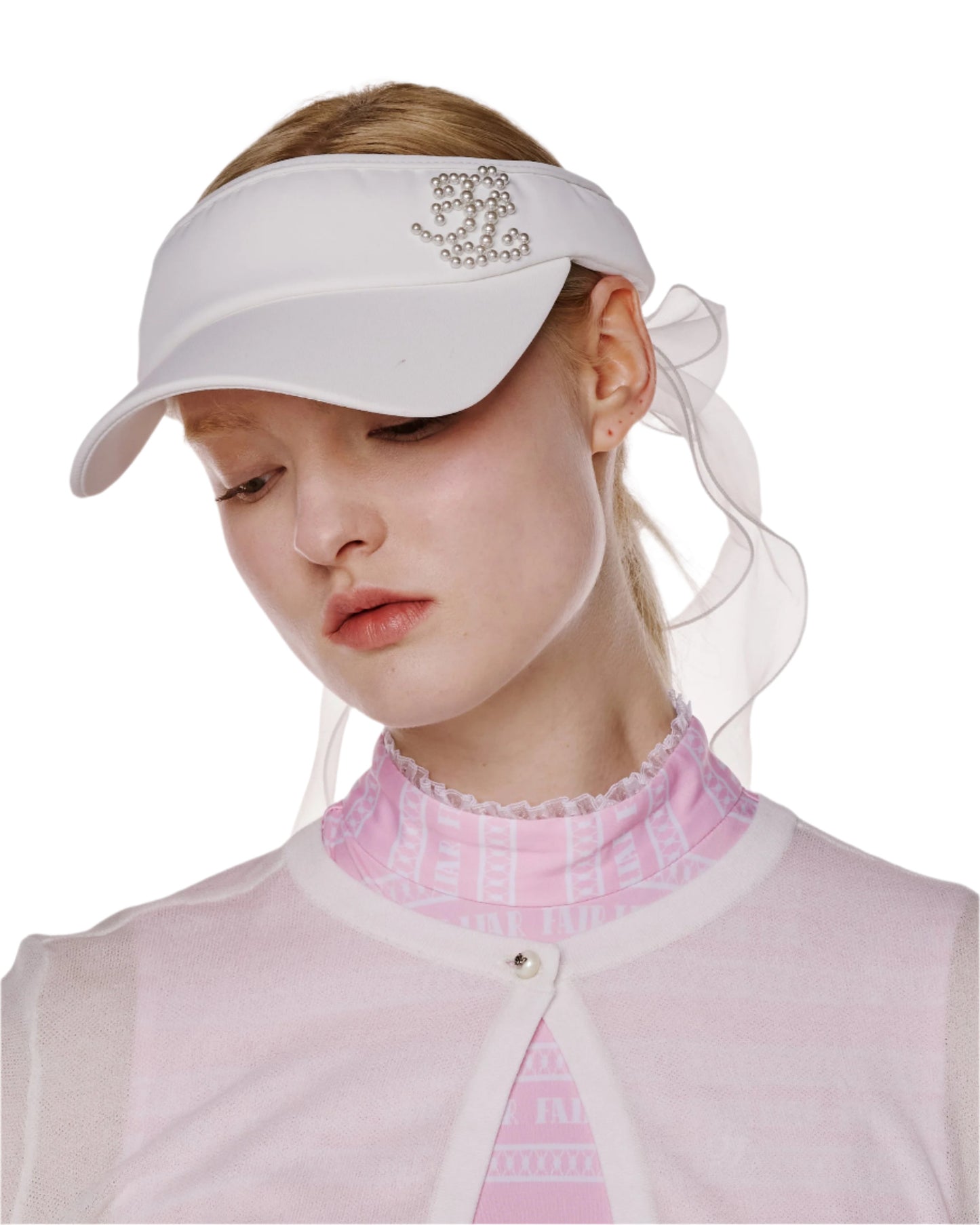 Women's sun visor by Fairliar featuring pearl-embellished logo and ribbon accent