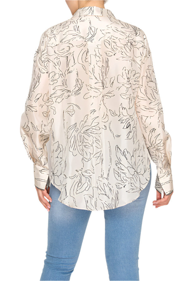 Women's button-up blouse featuring floral line art print - Korean Fashion
