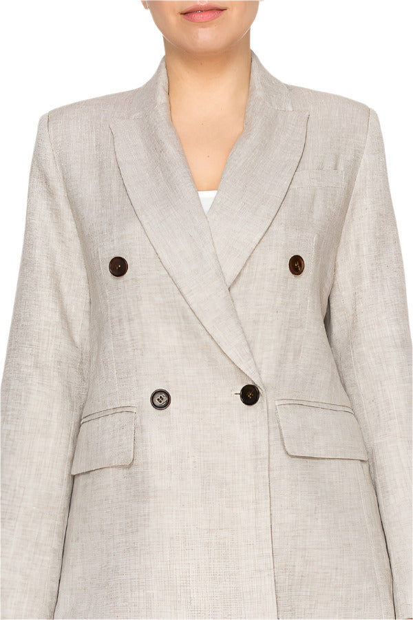 Women's beige linen blazer with double-breasted front - Korean Fashion