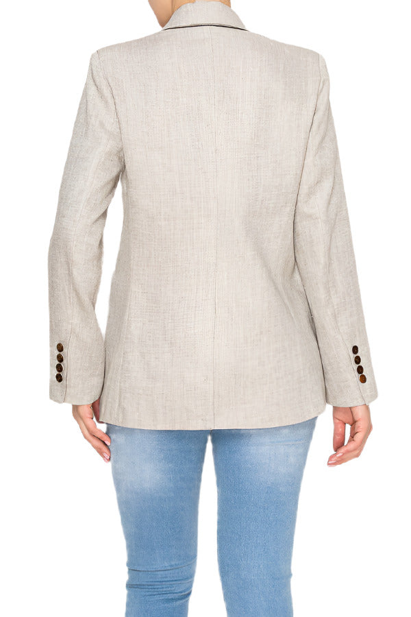 Women's beige linen blazer with double-breasted front - Korean Fashion