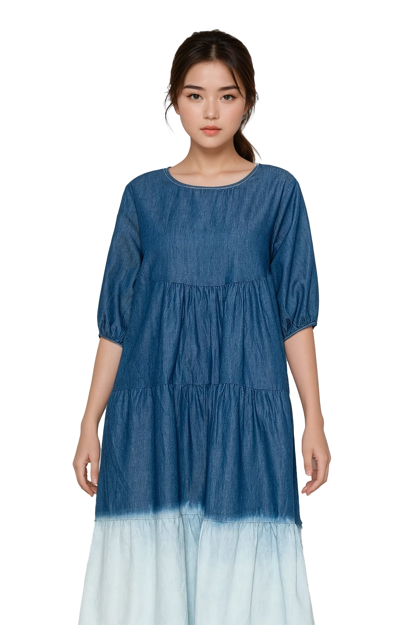 Women's Ombre Denim Tiered Dress - Korean Fashion