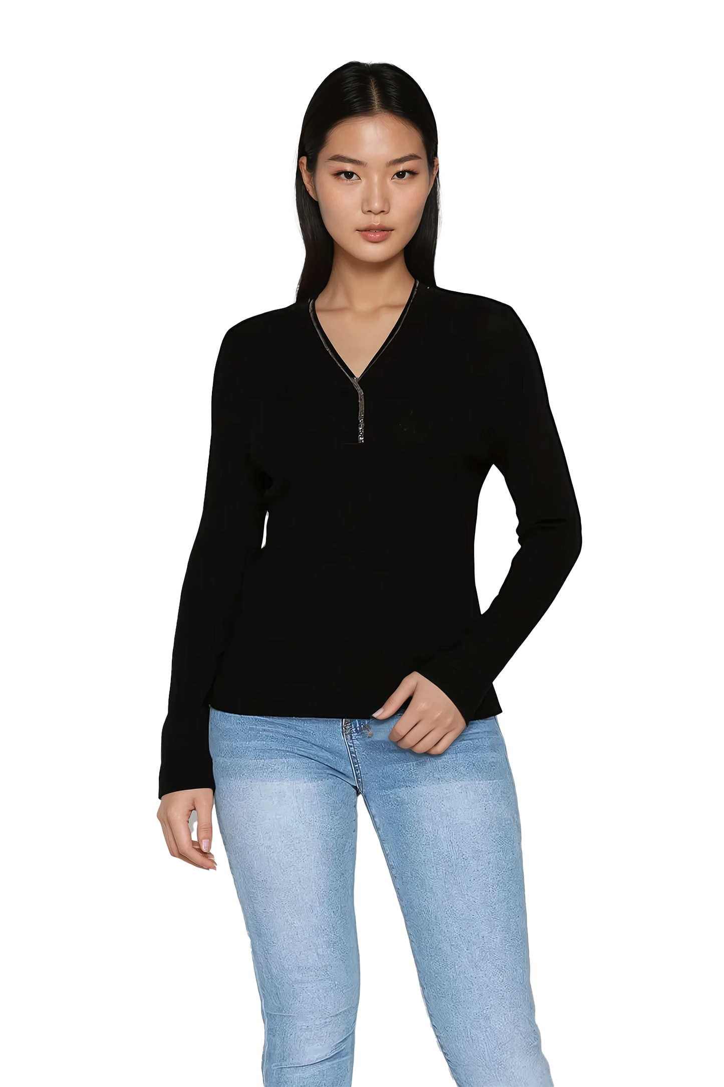 Women's ribbed sweater with deep V-neckline - Korean Fashion