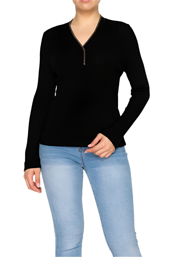 Women's ribbed sweater with deep V-neckline - Korean Fashion
