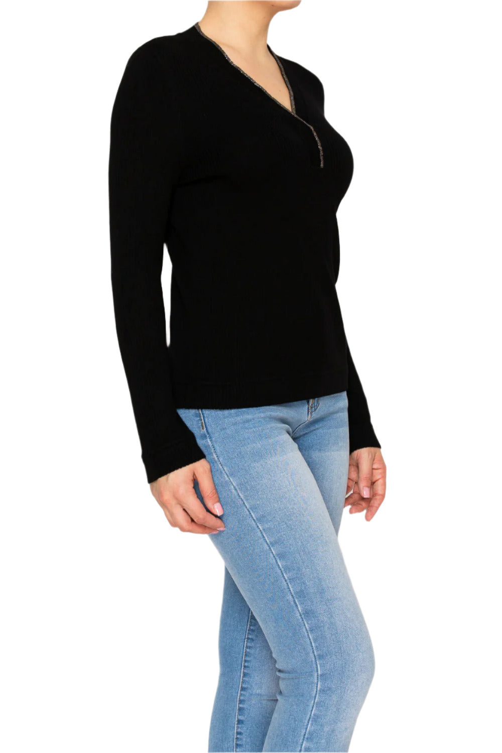 Women's ribbed sweater with deep V-neckline - Korean Fashion