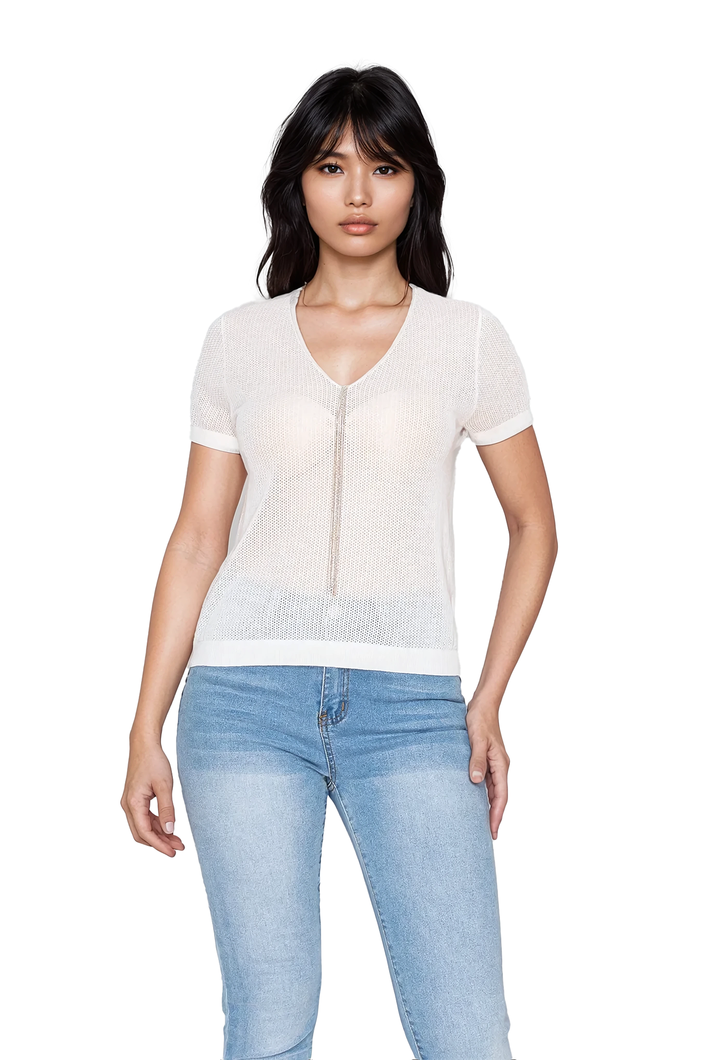 Women’s V-neck sheer knit top - Korean Fashion
