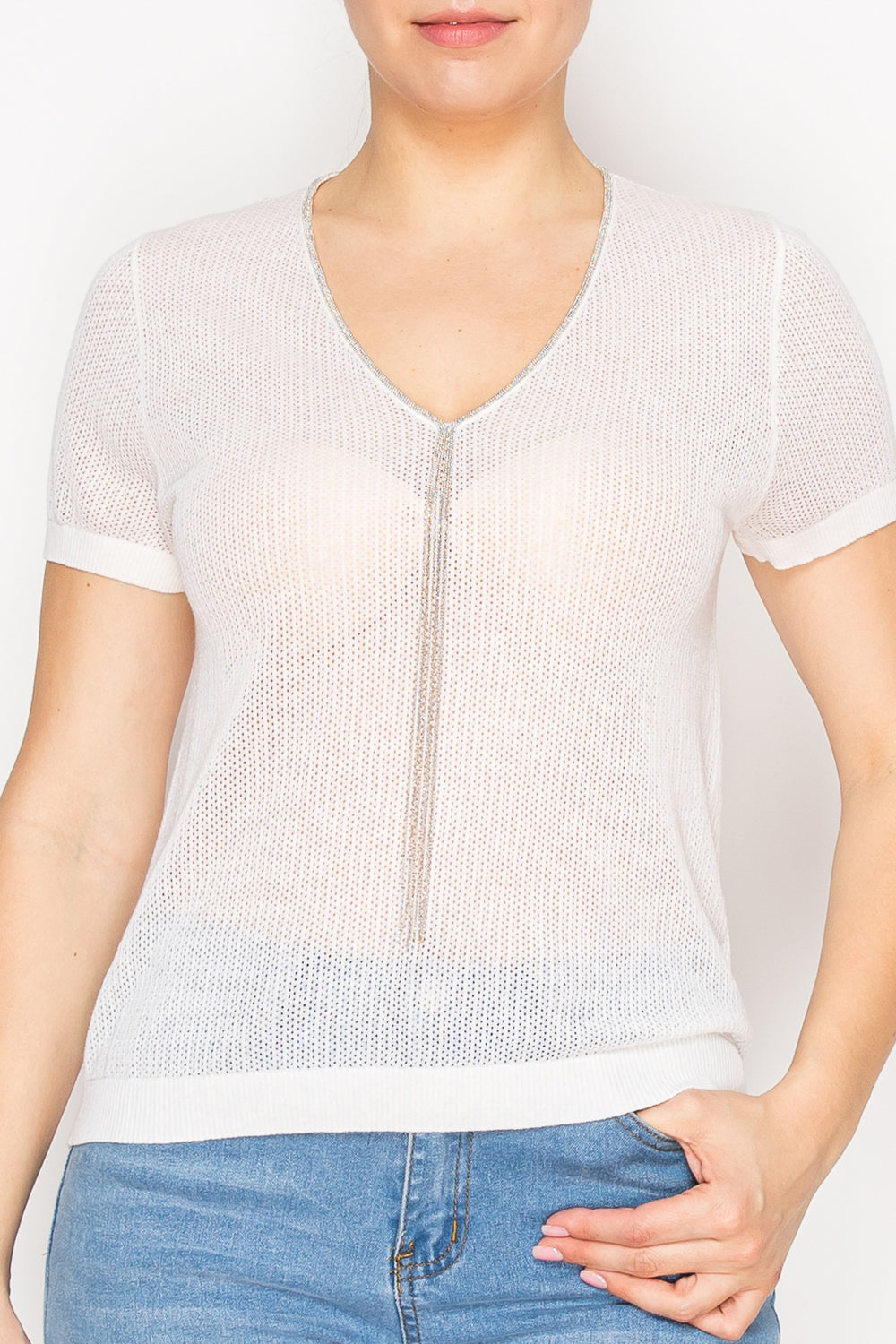 Women’s V-neck sheer knit top - Korean Fashion