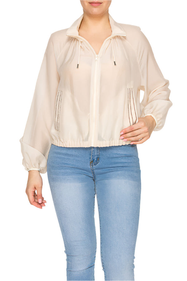 Women's sheer windbreaker with full zip front - Korean Fashion