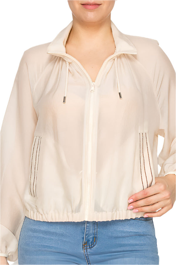 Women's sheer windbreaker with full zip front - Korean Fashion