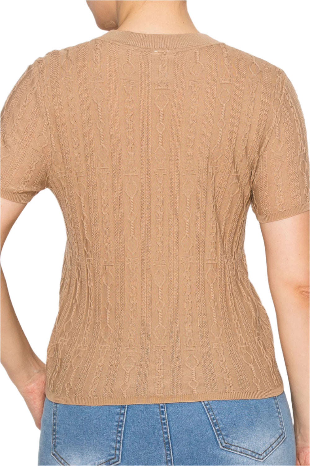 Women’s Slim-fit Beige Short-Sleeve Lace Knit Top - Korean Fashion