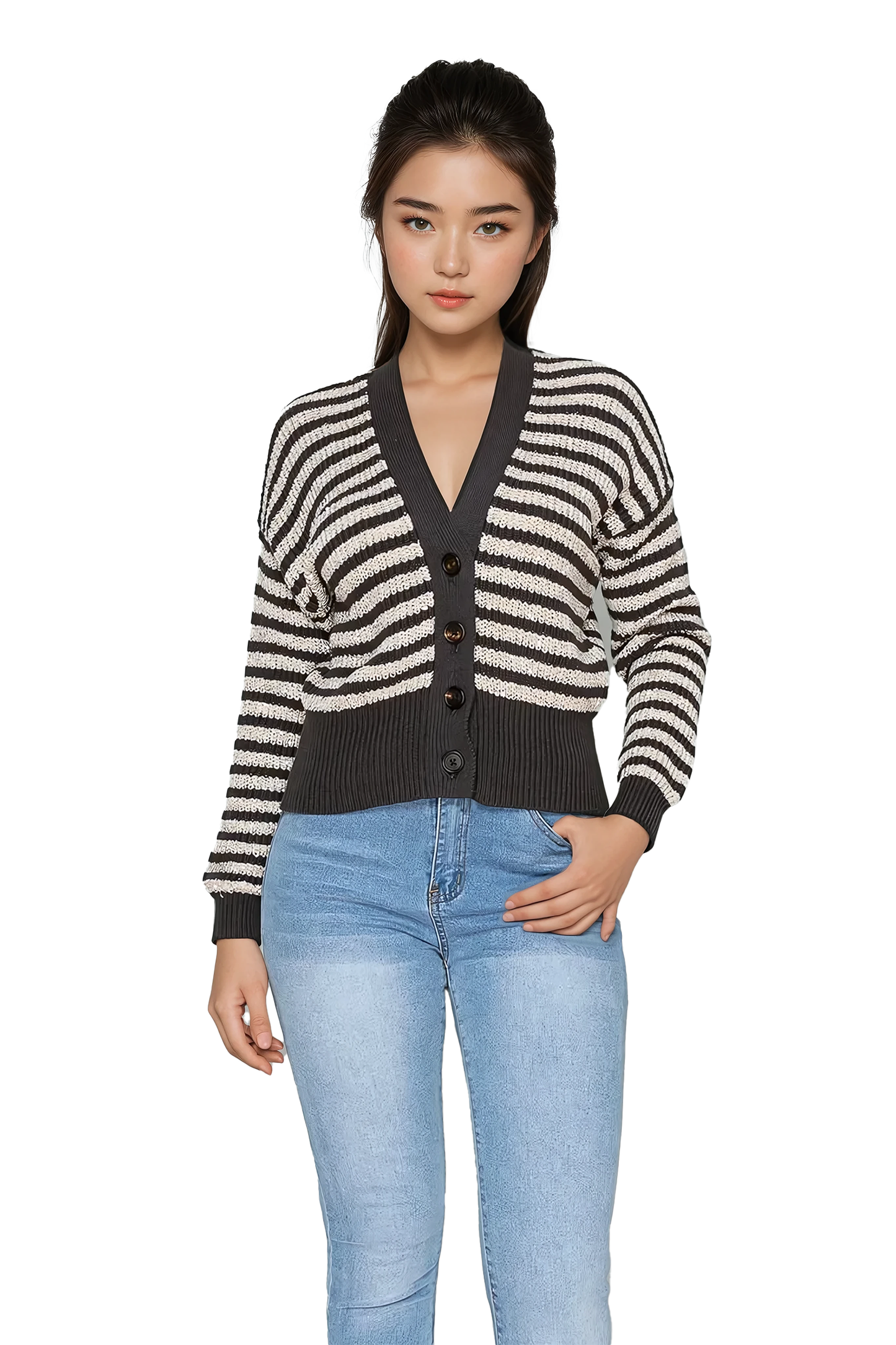 Women's knit cardigan with bold stripes - Korean Fashion
