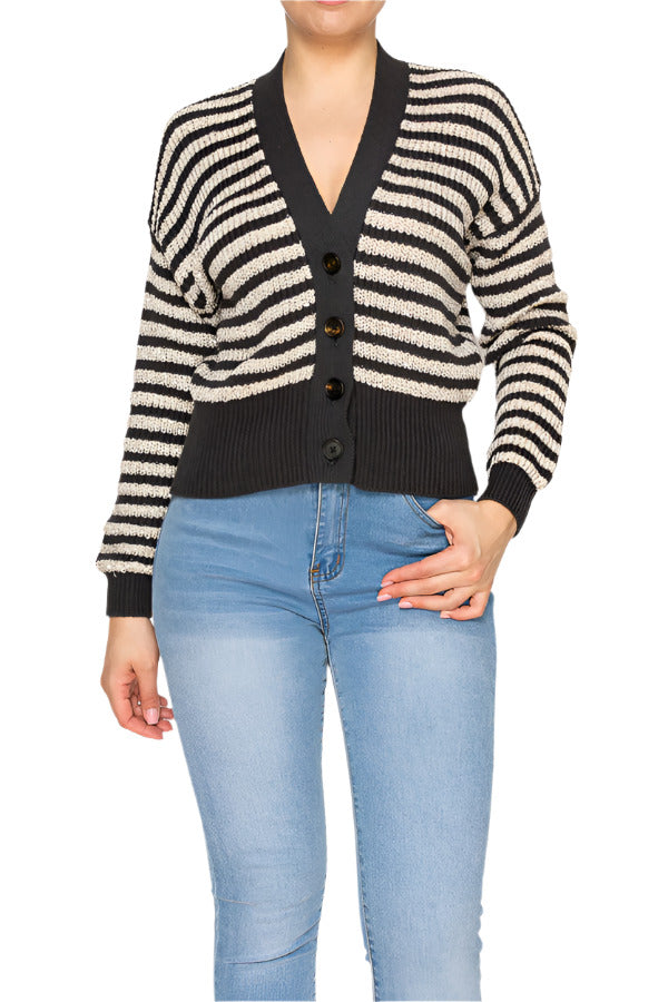 Women's knit cardigan with bold stripes - Korean Fashion