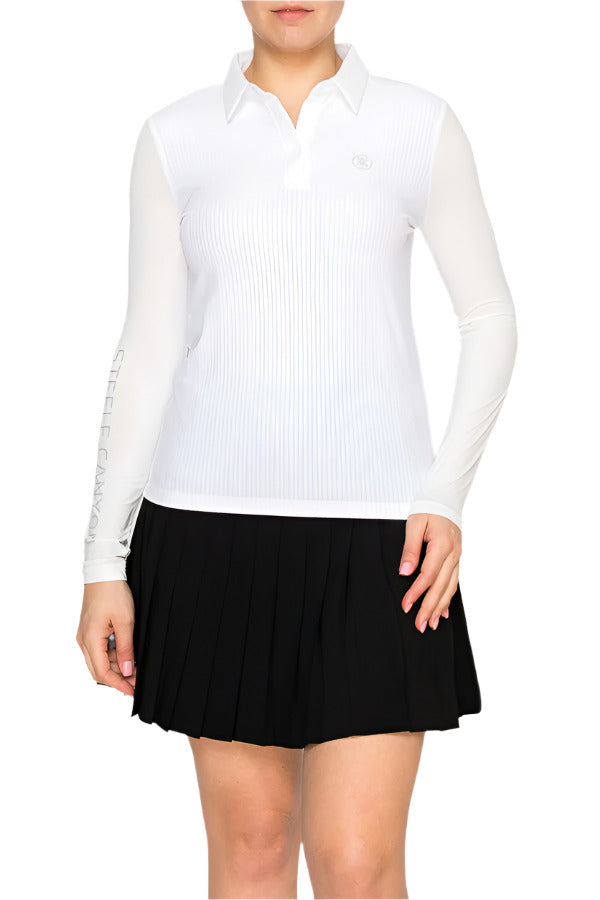 Women's white ribbed polo shirt by Torbist with long sleeves