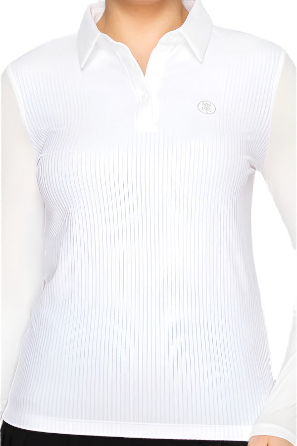 Women's white ribbed polo shirt by Torbist with long sleeves