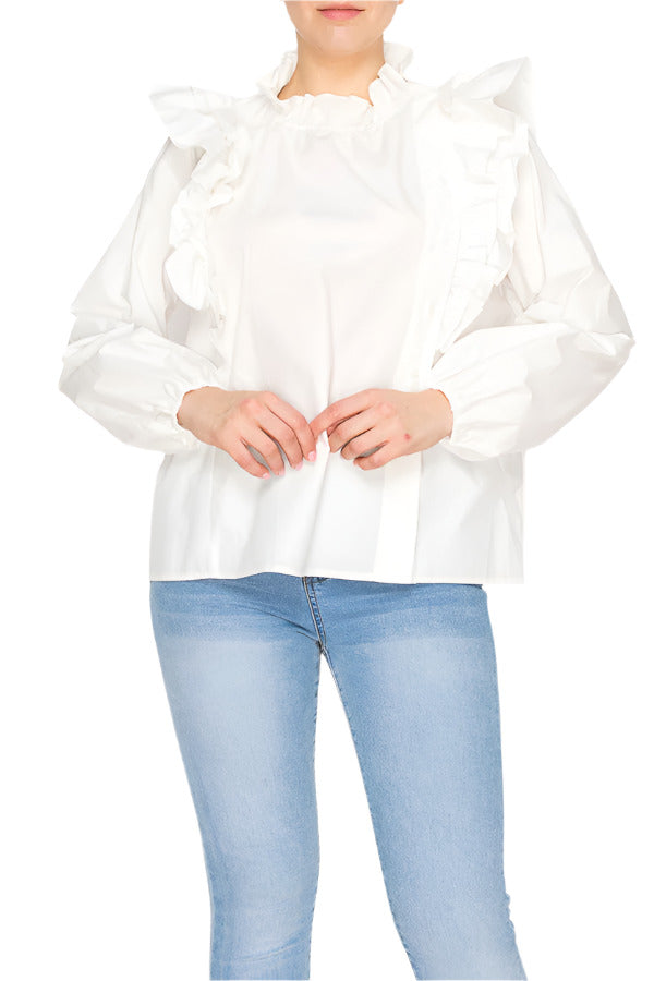 White long-sleeve blouse with ruffle details – Korean Fashion