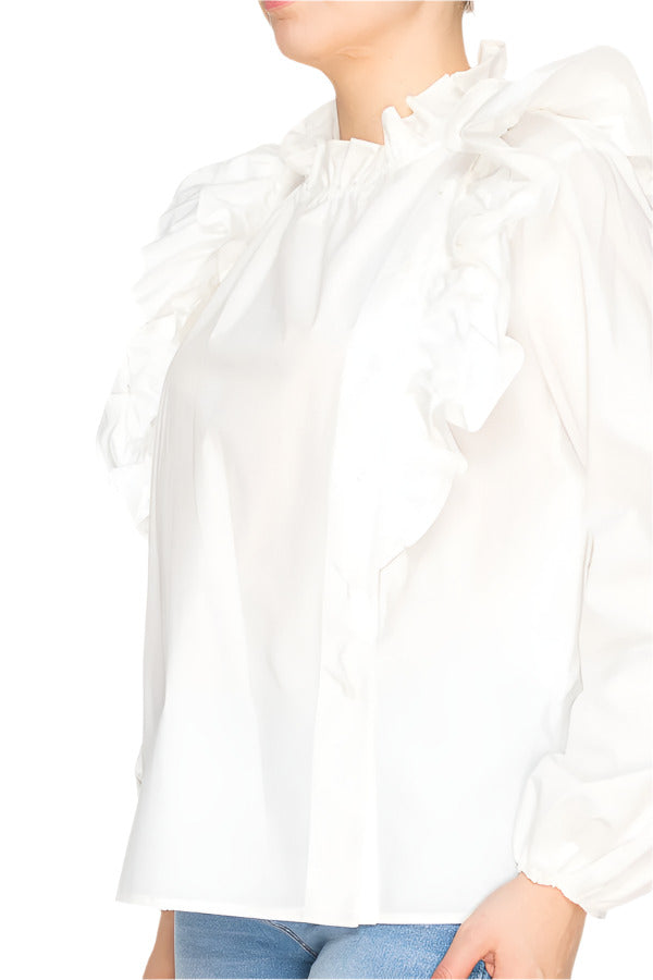 White long-sleeve blouse with ruffle details – Korean Fashion