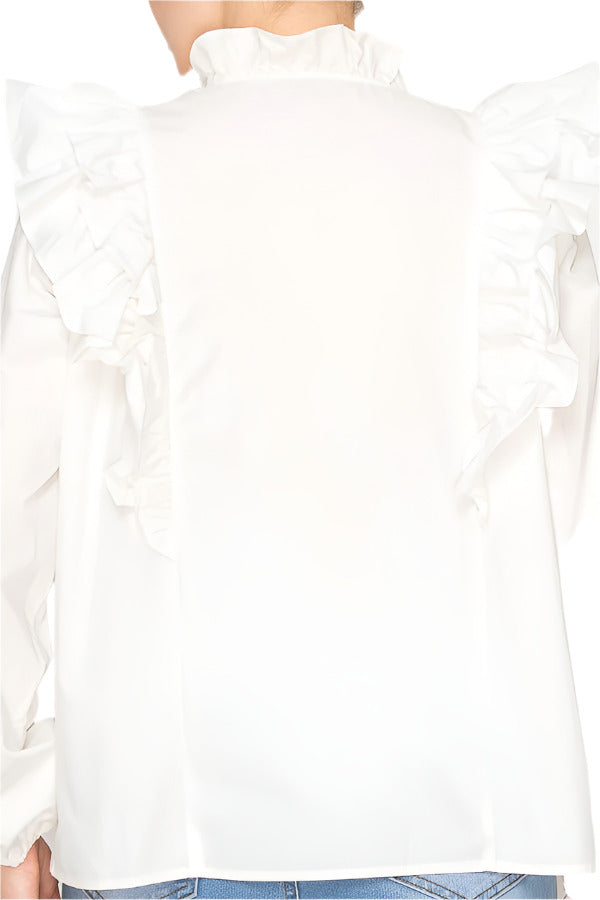 White long-sleeve blouse with ruffle details – Korean Fashion
