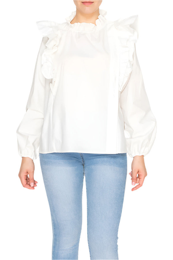 White long-sleeve blouse with ruffle details – Korean Fashion
