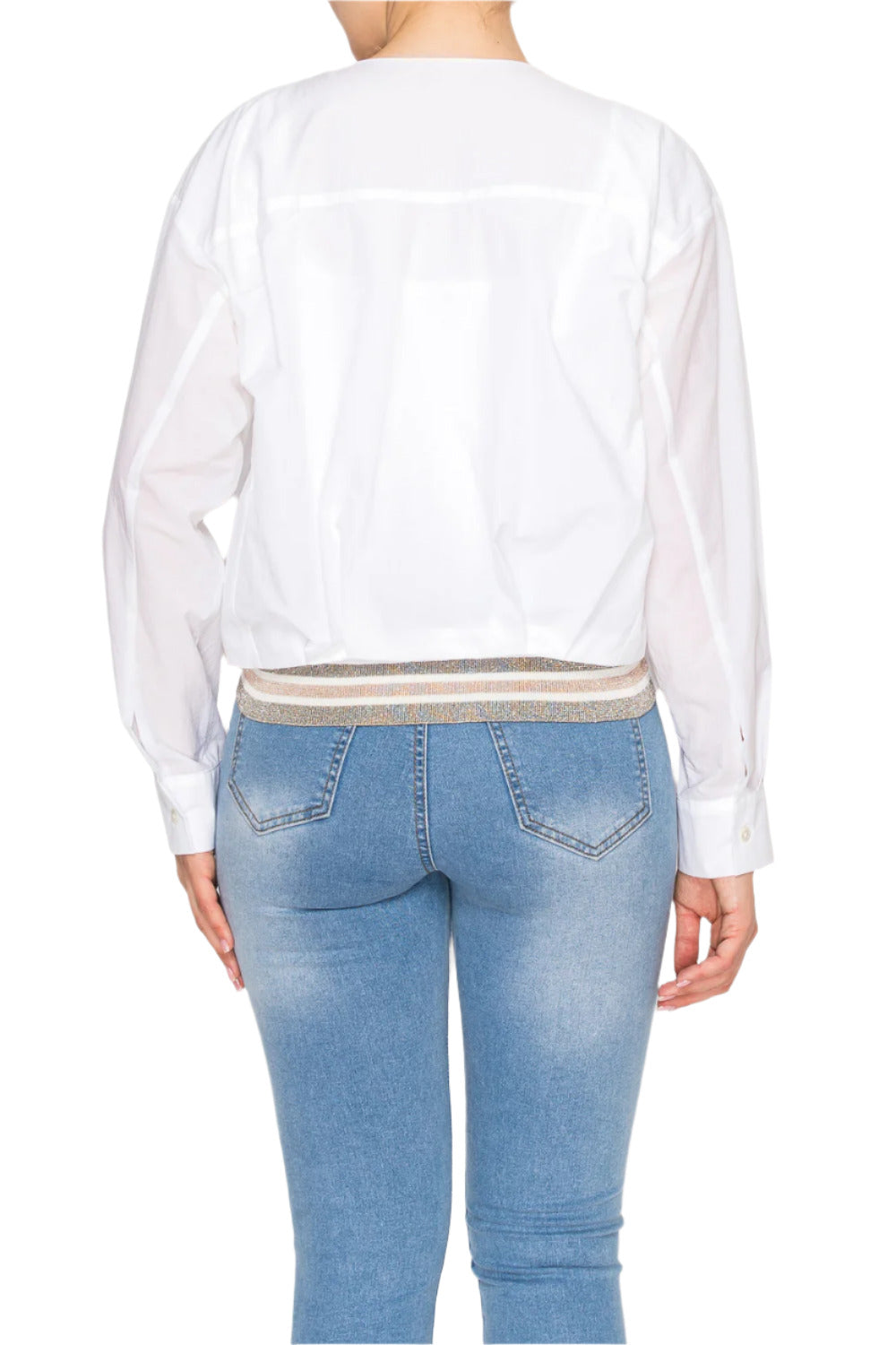 Women's Cropped white blouse with full zip closure - Korean Fashion