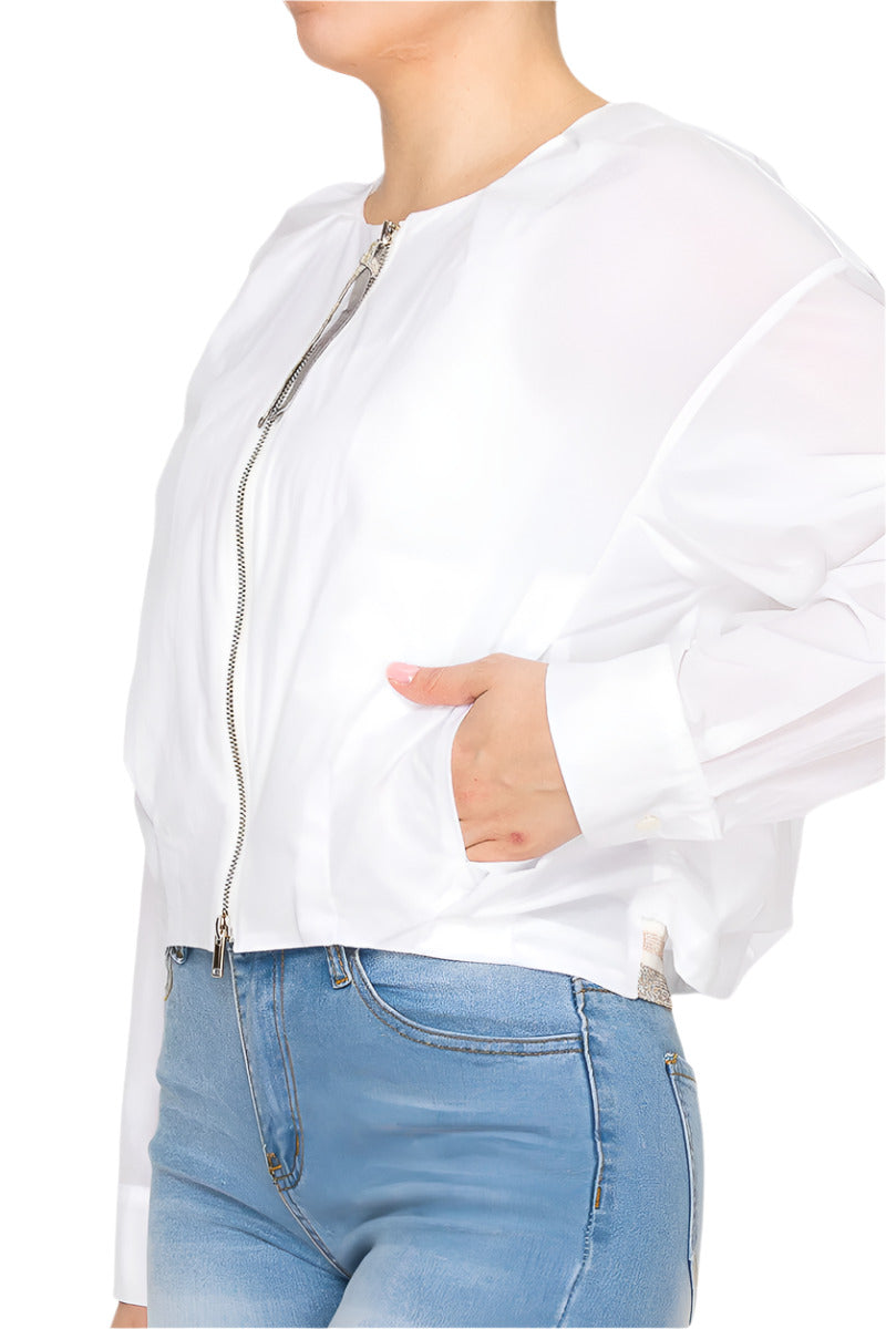 Women's Cropped white blouse with full zip closure - Korean Fashion