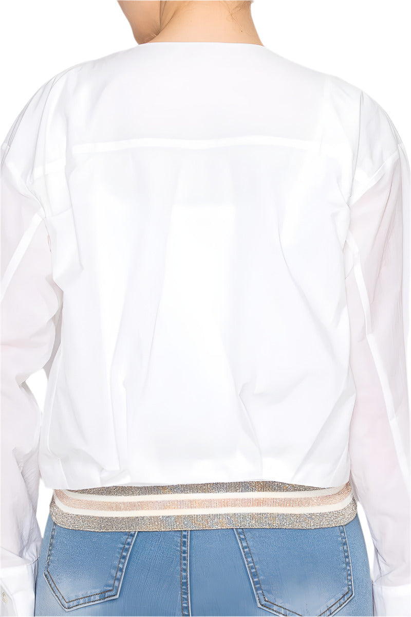 Women's Cropped white blouse with full zip closure - Korean Fashion