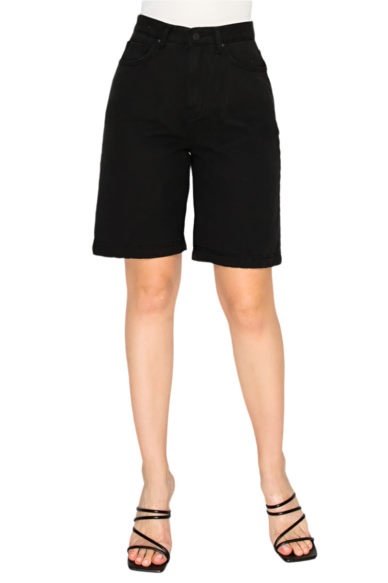 Women’s High-Waisted Black Denim Bermuda Shorts - Korean Fashion