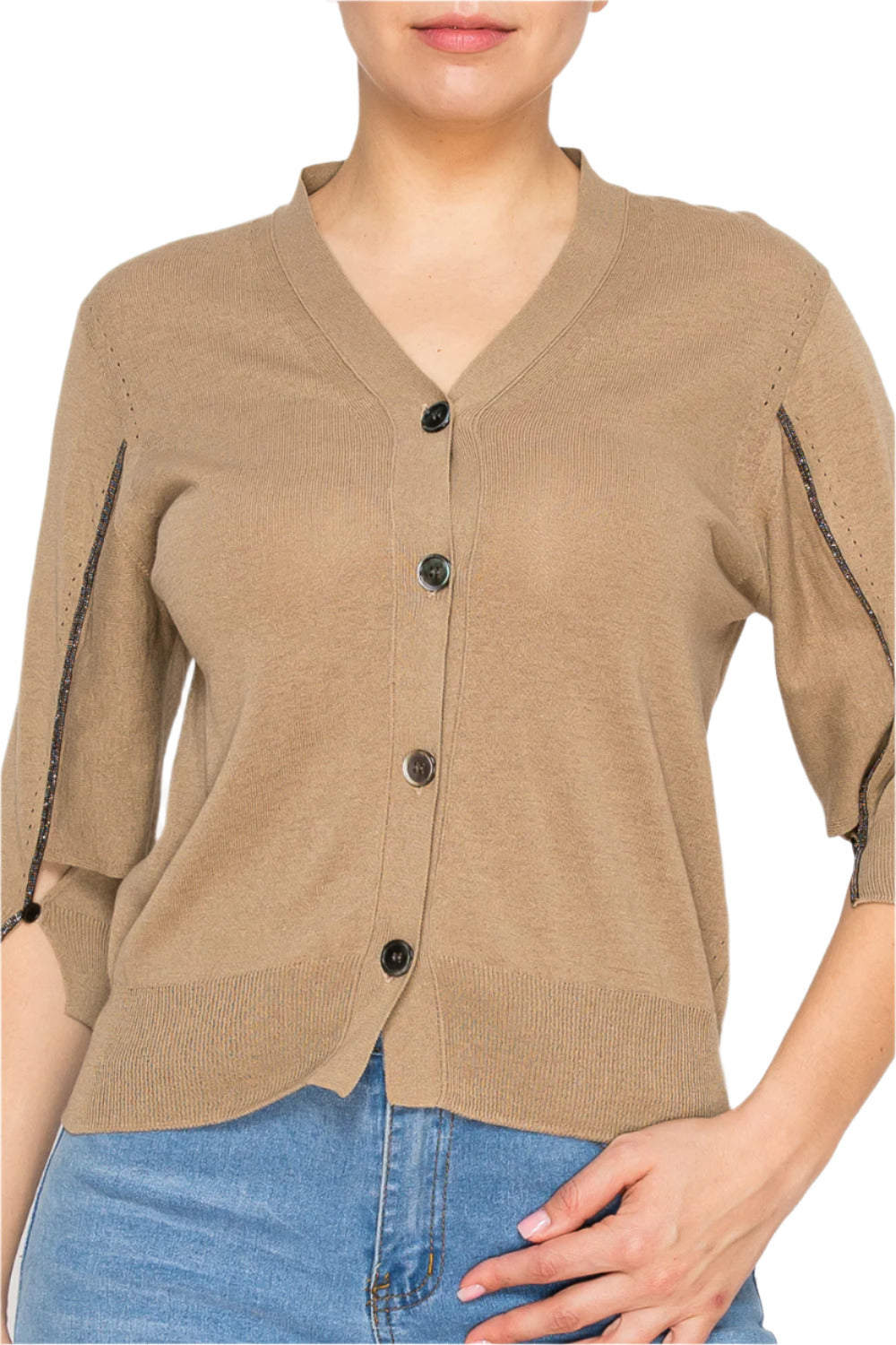 [Misscon] Chic Button-Up Cardigan with Embellished Sleeve Detail