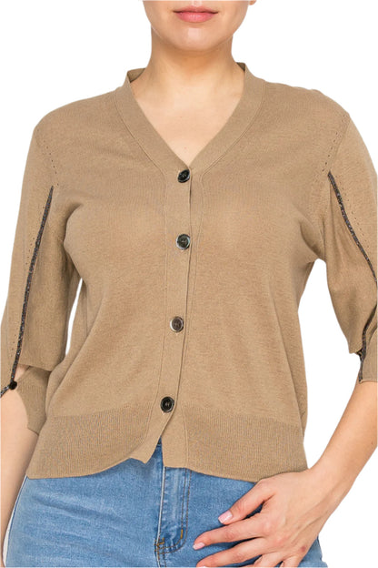 [Misscon] Chic Button-Up Cardigan with Embellished Sleeve Detail