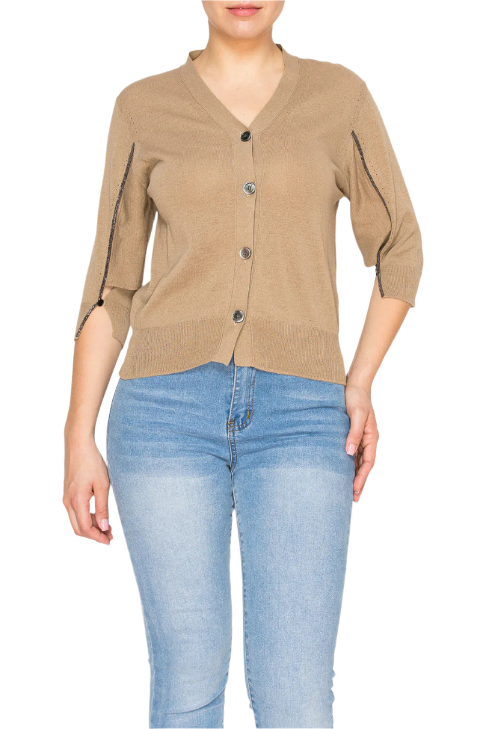 [Misscon] Chic Button-Up Cardigan with Embellished Sleeve Detail