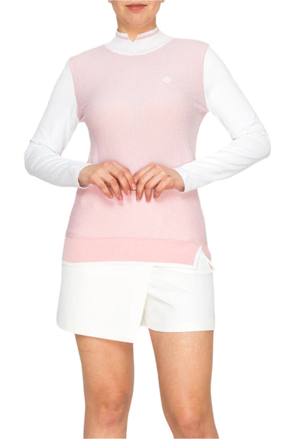 [Renoma] Pink Knit Vest & White Long-Sleeve Top with Asymmetrical Skort