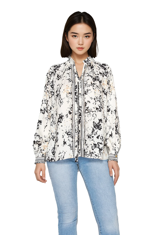 Women's high-neck blouse with abstract pattern - Korean Fashion